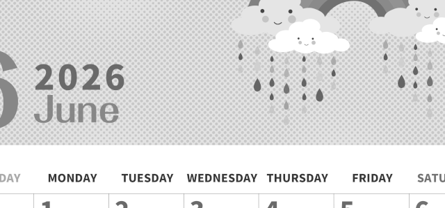 2026年6月縦型モノクロの日曜始まり 雨雲イラストのかわいいA4無料白黒カレンダー(2026-00360610)