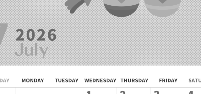 2026年7月縦型モノクロの日曜始まり 季節の行事のかわいいイラストA4無料白黒カレンダー(2026-00360710)