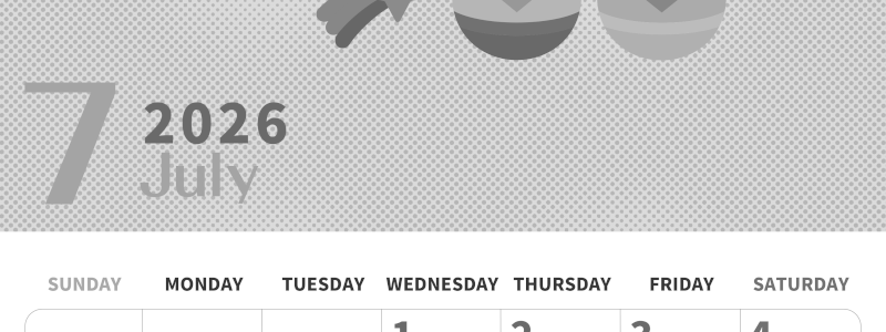 2026年7月縦型モノクロの日曜始まり 季節の行事のかわいいイラストA4無料白黒カレンダー(2026-00360710)