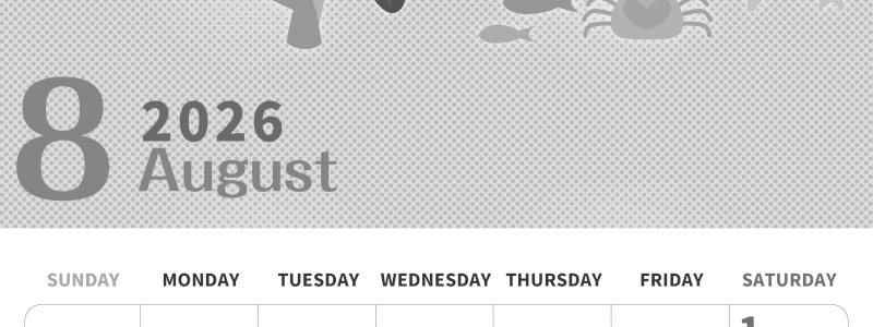 2026年8月縦型モノクロの日曜始まり 水族館イラストのかわいいA4無料白黒カレンダー(2026-00360810)