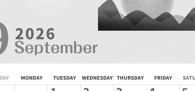 2026年9月縦型モノクロの日曜始まり 季節イラストのかわいいA4無料白黒カレンダー(2026-00360910)