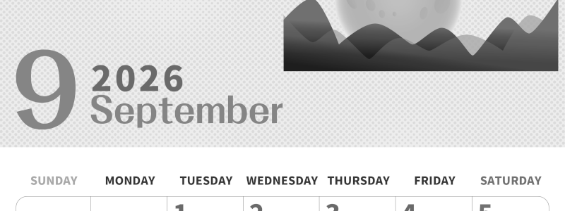 2026年9月縦型モノクロの日曜始まり 季節イラストのかわいいA4無料白黒カレンダー(2026-00360910)