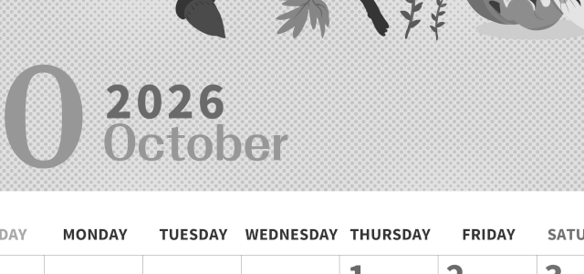 2026年10月縦型モノクロの日曜始まり 秋のイラストがかわいいA4無料白黒カレンダー(2026-00361010)