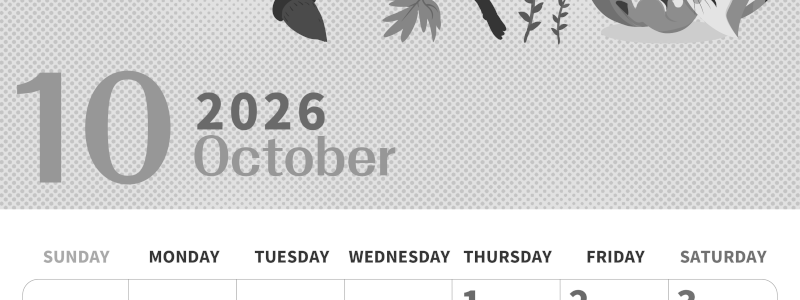 2026年10月縦型モノクロの日曜始まり 秋のイラストがかわいいA4無料白黒カレンダー(2026-00361010)