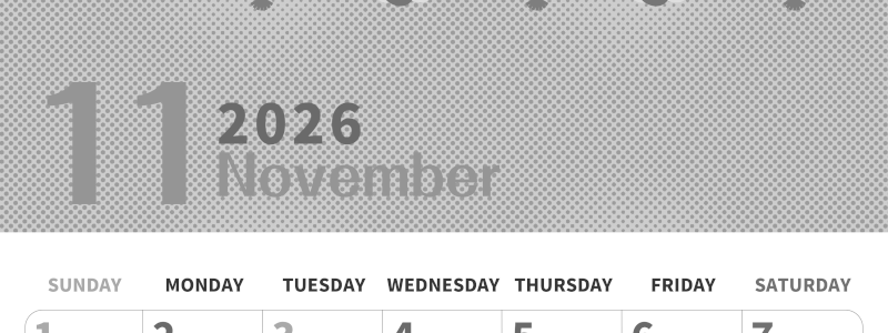 2026年11月縦型モノクロの日曜始まり 招き猫イラストのかわいいA4無料白黒カレンダー(2026-00361110)