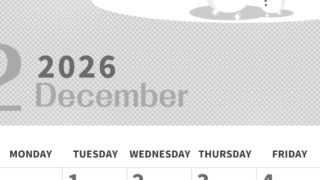 2026年12月縦型モノクロの日曜始まり 雪景色イラストのかわいいA4無料白黒カレンダー(2026-00361210)