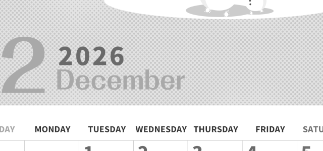 2026年12月縦型モノクロの日曜始まり 雪景色イラストのかわいいA4無料白黒カレンダー(2026-00361210)