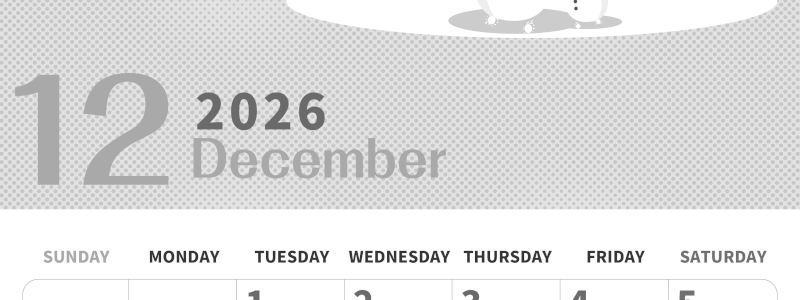 2026年12月縦型モノクロの日曜始まり 雪景色イラストのかわいいA4無料白黒カレンダー(2026-00361210)