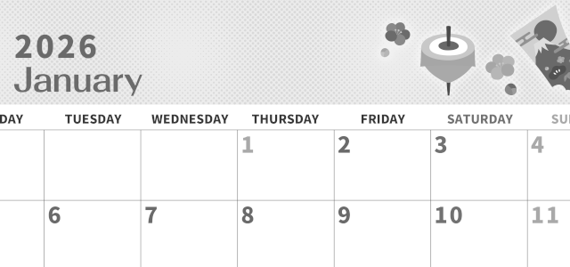 2026年1月横型モノクロの月曜始まり 和風な羽子板イラストのかわいいA4無料白黒カレンダー(2026-00360101)