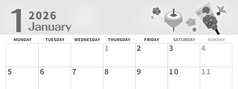 2026年1月横型モノクロの月曜始まり 和風な羽子板イラストのかわいいA4無料白黒カレンダー(2026-00360101)