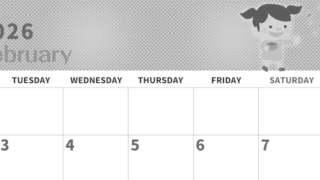 2026年2月横型モノクロの月曜始まり 子供たちがかわいいイラストA4無料白黒カレンダー(2026-00360201)