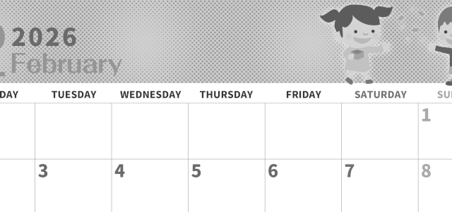 2026年2月横型モノクロの月曜始まり 子供たちがかわいいイラストA4無料白黒カレンダー(2026-00360201)