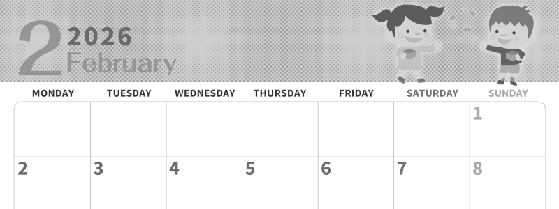 2026年2月横型モノクロの月曜始まり 子供たちがかわいいイラストA4無料白黒カレンダー(2026-00360201)