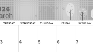 2026年3月横型モノクロの月曜始まり 桜の木イラストのかわいいA4無料白黒カレンダー(2026-00360301)