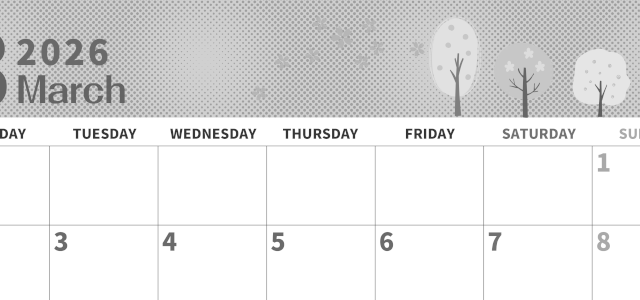 2026年3月横型モノクロの月曜始まり 桜の木イラストのかわいいA4無料白黒カレンダー(2026-00360301)