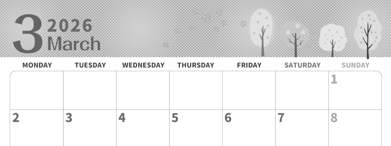 2026年3月横型モノクロの月曜始まり 桜の木イラストのかわいいA4無料白黒カレンダー(2026-00360301)