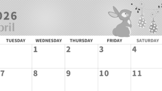 2026年4月横型モノクロの月曜始まり うさぎイラストのかわいいA4無料白黒カレンダー(2026-00360401)