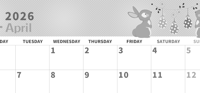 2026年4月横型モノクロの月曜始まり うさぎイラストのかわいいA4無料白黒カレンダー(2026-00360401)