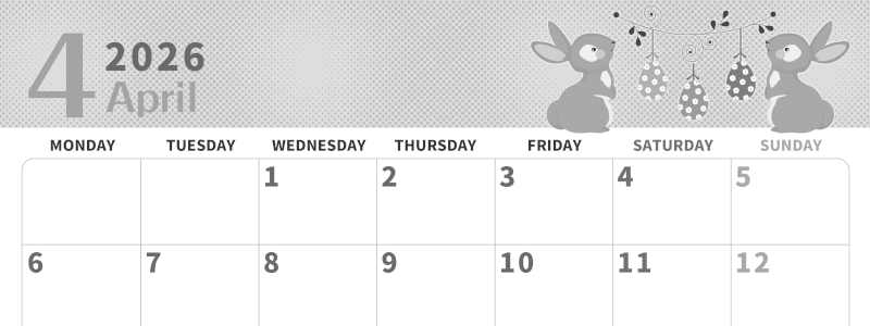 2026年4月横型モノクロの月曜始まり うさぎイラストのかわいいA4無料白黒カレンダー(2026-00360401)