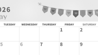 2026年5月横型モノクロの月曜始まり 旗のイラストのかわいいA4無料白黒カレンダー(2026-00360501)