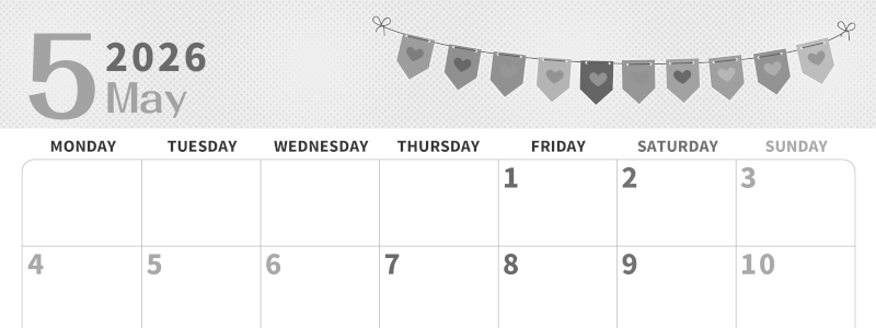 2026年5月横型モノクロの月曜始まり 旗のイラストのかわいいA4無料白黒カレンダー(2026-00360501)