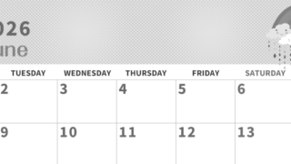 2026年6月横型モノクロの月曜始まり 雨雲イラストのかわいいA4無料白黒カレンダー(2026-00360601)