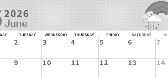 2026年6月横型モノクロの月曜始まり 雨雲イラストのかわいいA4無料白黒カレンダー(2026-00360601)