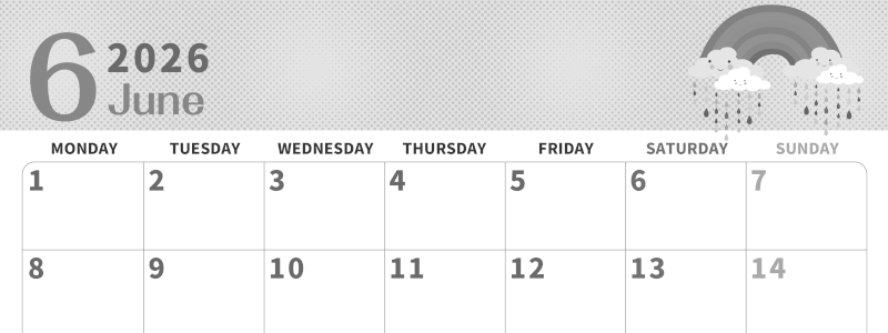 2026年6月横型モノクロの月曜始まり 雨雲イラストのかわいいA4無料白黒カレンダー(2026-00360601)