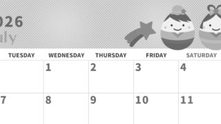 2026年7月横型モノクロの月曜始まり 季節の行事のかわいいイラストA4無料白黒カレンダー(2026-00360701)