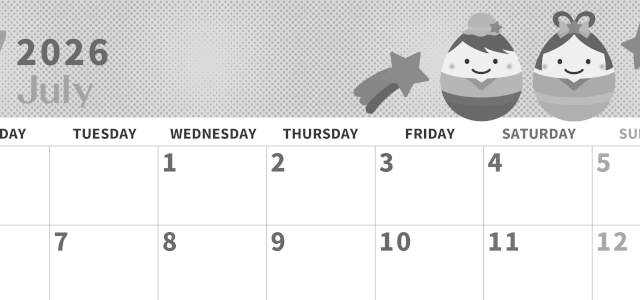 2026年7月横型モノクロの月曜始まり 季節の行事のかわいいイラストA4無料白黒カレンダー(2026-00360701)