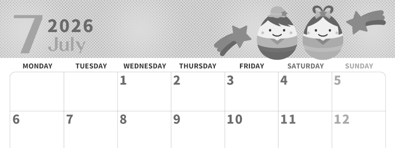 2026年7月横型モノクロの月曜始まり 季節の行事のかわいいイラストA4無料白黒カレンダー(2026-00360701)