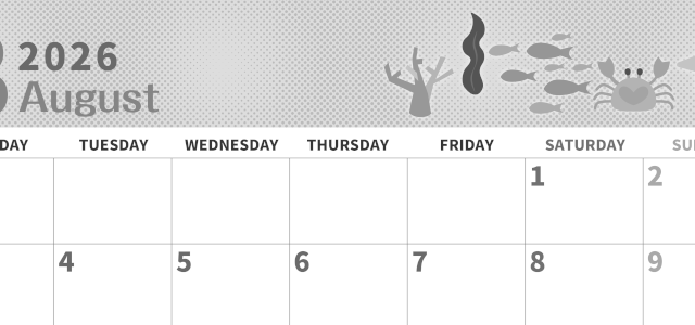 2026年8月横型モノクロの月曜始まり 水族館イラストのかわいいA4無料白黒カレンダー(2026-00360801)