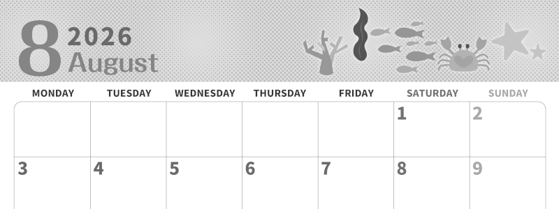 2026年8月横型モノクロの月曜始まり 水族館イラストのかわいいA4無料白黒カレンダー(2026-00360801)