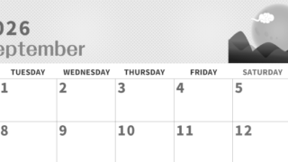 2026年9月横型モノクロの月曜始まり 季節イラストのかわいいA4無料白黒カレンダー(2026-00360901)