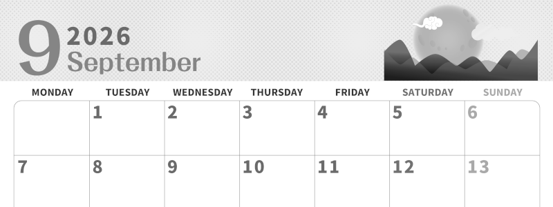 2026年9月横型モノクロの月曜始まり 季節イラストのかわいいA4無料白黒カレンダー(2026-00360901)