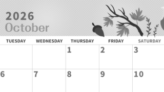 2026年10月横型モノクロの月曜始まり 秋のイラストがかわいいA4無料白黒カレンダー(2026-00361001)