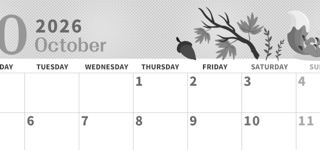 2026年10月横型モノクロの月曜始まり 秋のイラストがかわいいA4無料白黒カレンダー(2026-00361001)