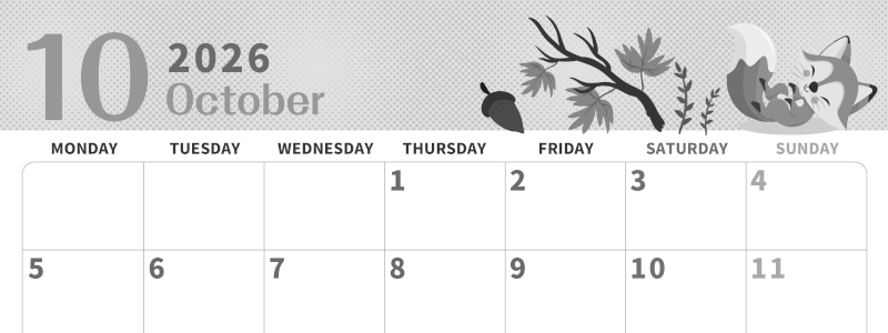 2026年10月横型モノクロの月曜始まり 秋のイラストがかわいいA4無料白黒カレンダー(2026-00361001)