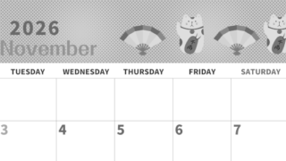 2026年11月横型モノクロの月曜始まり 招き猫イラストのかわいいA4無料白黒カレンダー(2026-00361101)