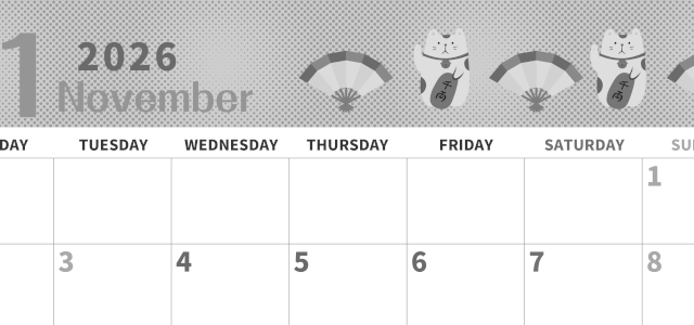 2026年11月横型モノクロの月曜始まり 招き猫イラストのかわいいA4無料白黒カレンダー(2026-00361101)