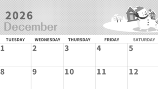 2026年12月横型モノクロの月曜始まり 雪景色イラストのかわいいA4無料白黒カレンダー(2026-00361201)