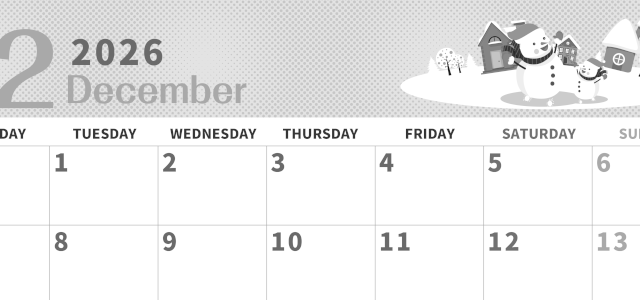 2026年12月横型モノクロの月曜始まり 雪景色イラストのかわいいA4無料白黒カレンダー(2026-00361201)