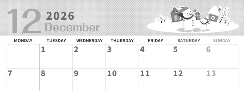 2026年12月横型モノクロの月曜始まり 雪景色イラストのかわいいA4無料白黒カレンダー(2026-00361201)