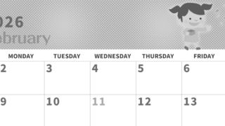 2026年2月横型モノクロの日曜始まり 子供たちがかわいいイラストA4無料白黒カレンダー(2026-00360200)