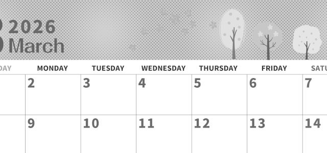 2026年3月横型モノクロの日曜始まり 桜の木イラストのかわいいA4無料白黒カレンダー(2026-00360300)