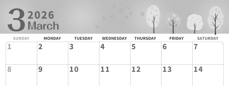 2026年3月横型モノクロの日曜始まり 桜の木イラストのかわいいA4無料白黒カレンダー(2026-00360300)