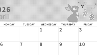 2026年4月横型モノクロの日曜始まり うさぎイラストのかわいいA4無料白黒カレンダー(2026-00360400)