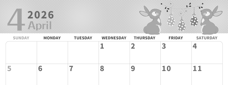 2026年4月横型モノクロの日曜始まり うさぎイラストのかわいいA4無料白黒カレンダー(2026-00360400)