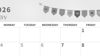 2026年5月横型モノクロの日曜始まり 旗のイラストのかわいいA4無料白黒カレンダー(2026-00360500)