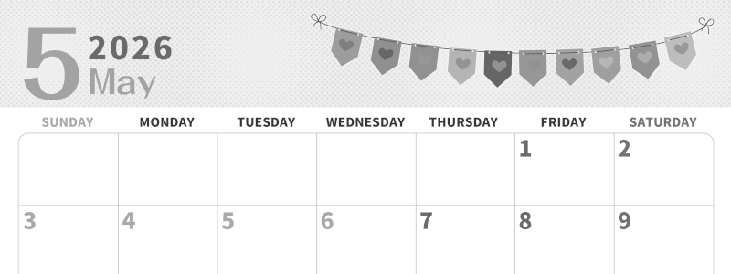 2026年5月横型モノクロの日曜始まり 旗のイラストのかわいいA4無料白黒カレンダー(2026-00360500)